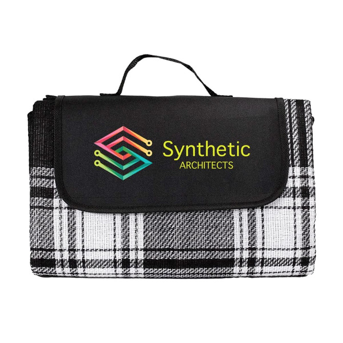 A picnic rug featuring a black and white tartan pattern with a logo on the front. It has a convenient carry handle.