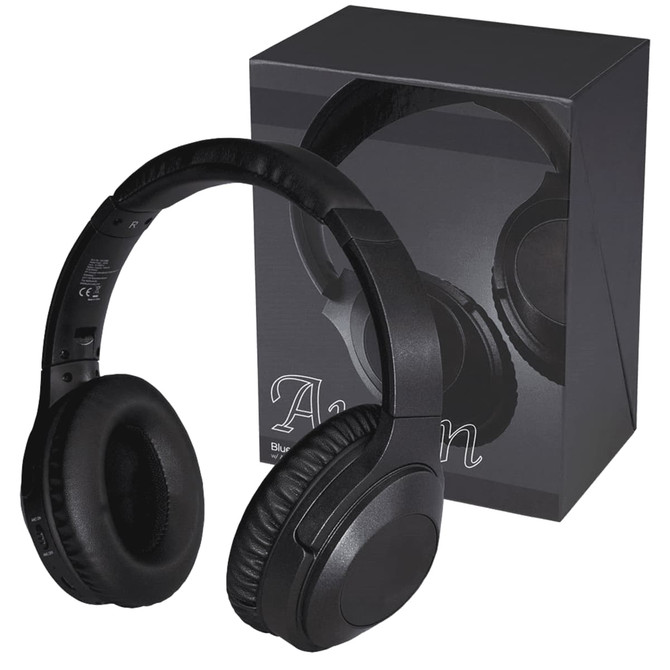 A pair of black Anton ANC headphones next to their black packaging, featuring a sleek and modern design.