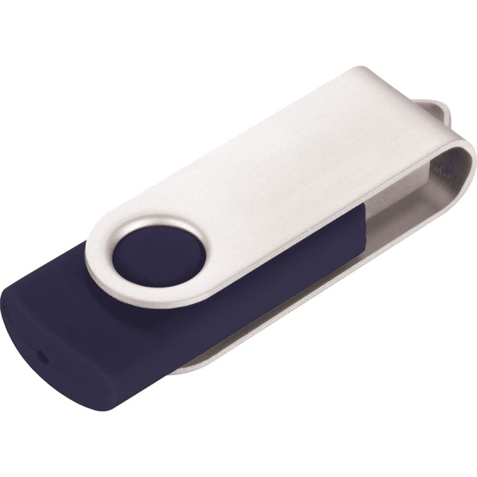 A flash drive with a navy blue and silver design, featuring a rotating cap and a logo.