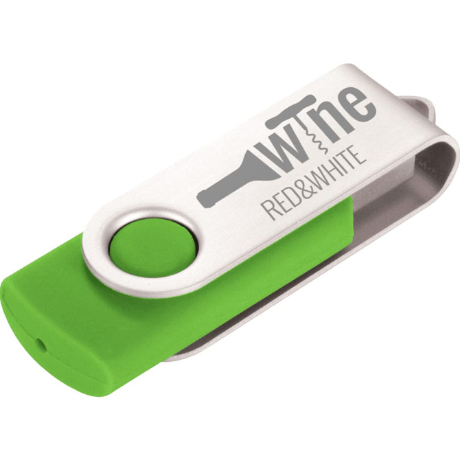 A green and silver USB flash drive with a logo on one side. The design features a swivel cover.