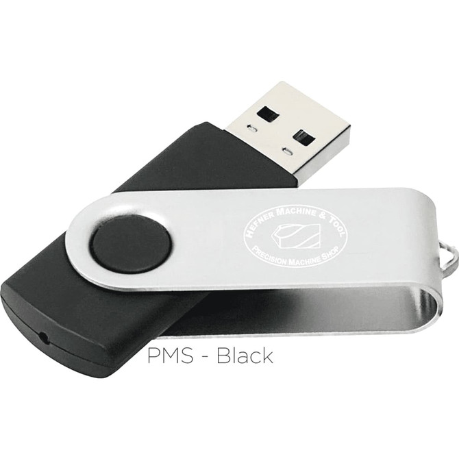 A black and silver rotate USB flash drive with a logo on the side, featuring a swivel design.