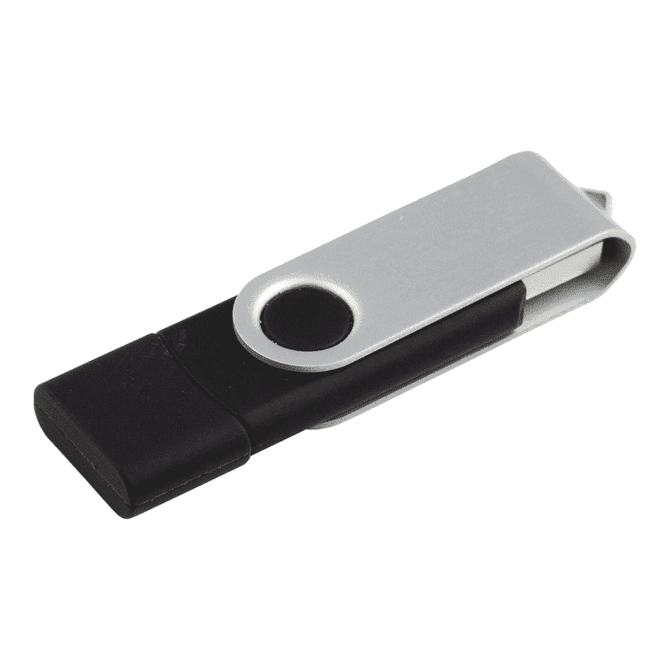 A dual USB flash drive in black and silver, featuring a rotating design and an embedded logo.