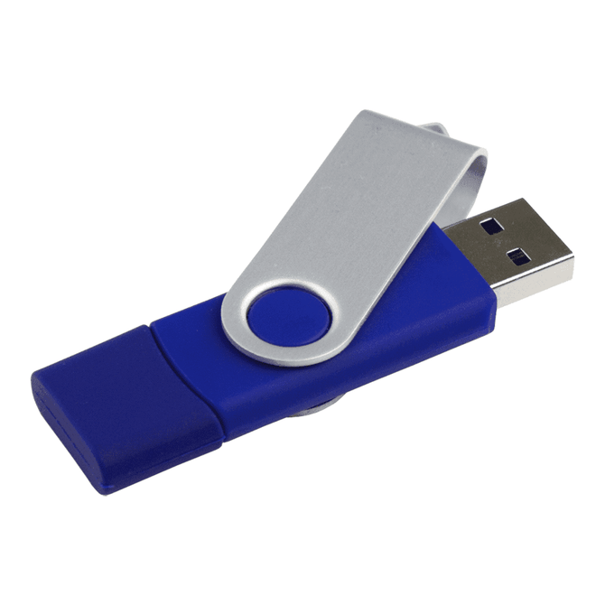 A blue and silver USB flash drive with an 8GB capacity and a rotating design. It features a logo.
