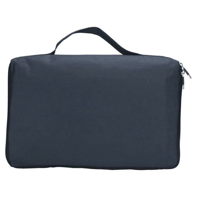 A black picnic rug with waterproof backing, featuring a zippered closure and a carrying handle.