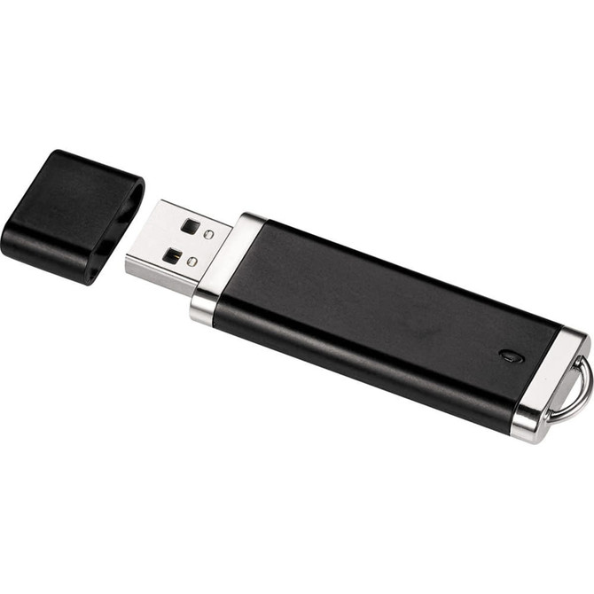 A black USB flash drive with a metal silver accent, featuring a detachable cover. It has a keyring loop for easy attachment.