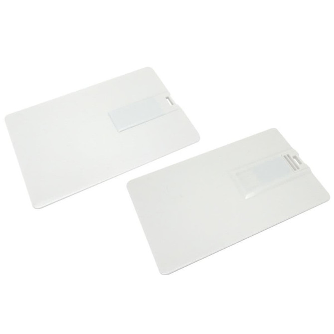 A pair of white Superslim Credit Card USB flash drives, each with a sleek, minimalist design and a branding logo.
