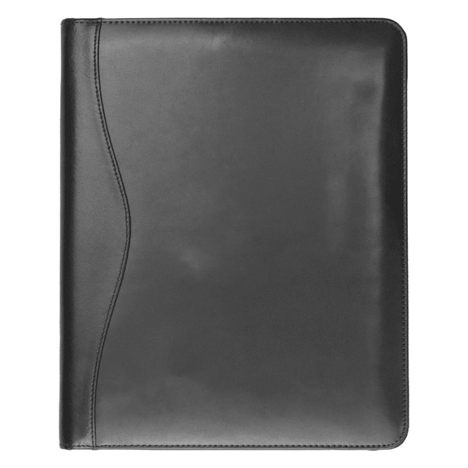 A black A4 leather compendium with a sleek design and a subtle logo. Ideal for professional settings.