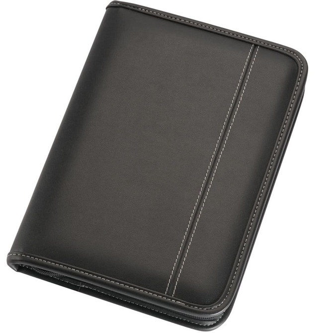 A5 zippered compendium in black with white stitching, featuring a sleek, professional design and a logo.