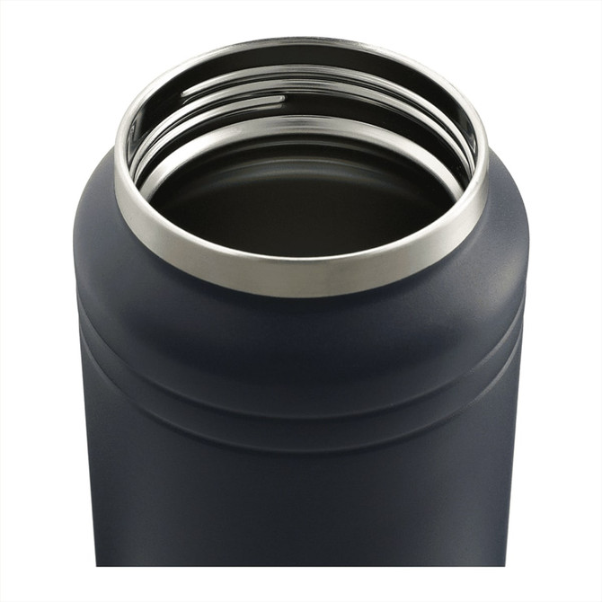A drink bottle in navy blue with a silver rim, featuring a wide opening and a smooth finish. It has a logo on the side.