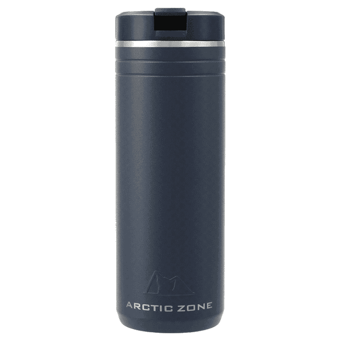 A drink bottle in navy blue with a stainless steel lid and a logo. Designed for thermal retention.