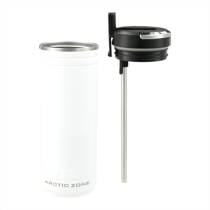 A drink bottle featuring a white body with a black lid and a stainless steel straw, includes branding.