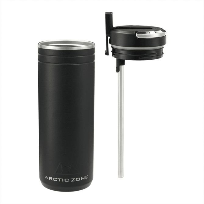 A drink bottle in matte black, featuring a straw lid and a plastic base, with a logo on the front.