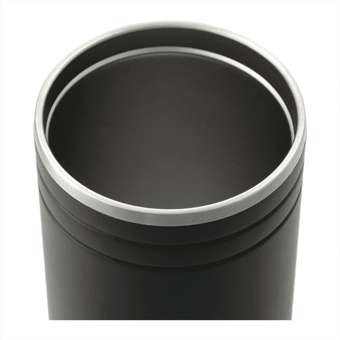A drink bottle with a sleek black exterior and a stainless steel rim at the top. It features a logo.