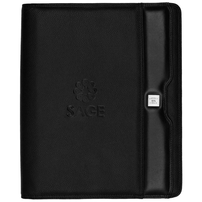 A black Nappa leather A4 zippered compendium featuring a subtle logo design. Ideal for office and business use.