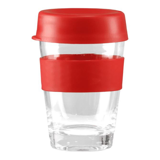 A drink bottle with a clear glass body and a red silicone lid and grip band, designed for reusable use.