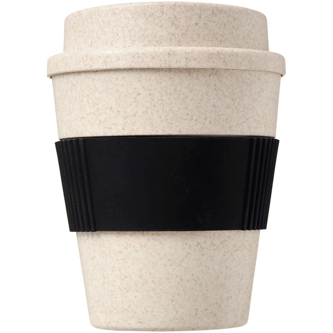 A drink bottle featuring a light beige bamboo mix design, complemented by a black silicone grip and a logo.