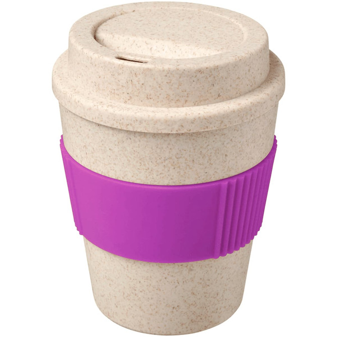 A drink bottle made from a bamboo mix, featuring a speckled cream colour with a purple silicone band.