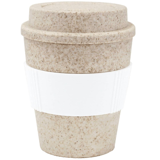 A drink bottle featuring a speckled beige design with a white silicone band and lid, ideal for reusable coffee.