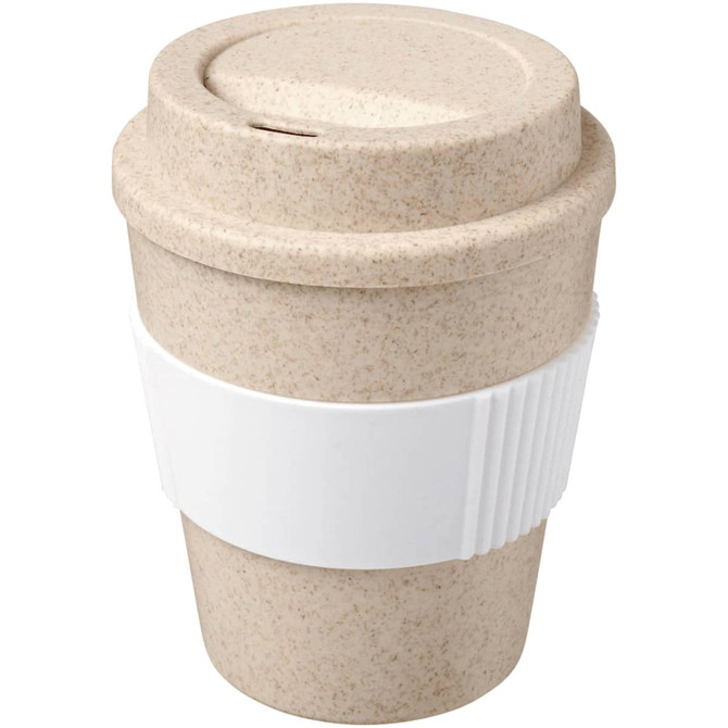 A drink bottle in beige with a white silicone band, featuring a lid. It has a logo on the surface.