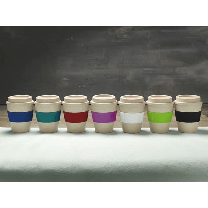 A drink bottle display featuring eight reusable coffee cups in various colours, each with a textured band and featuring a logo.