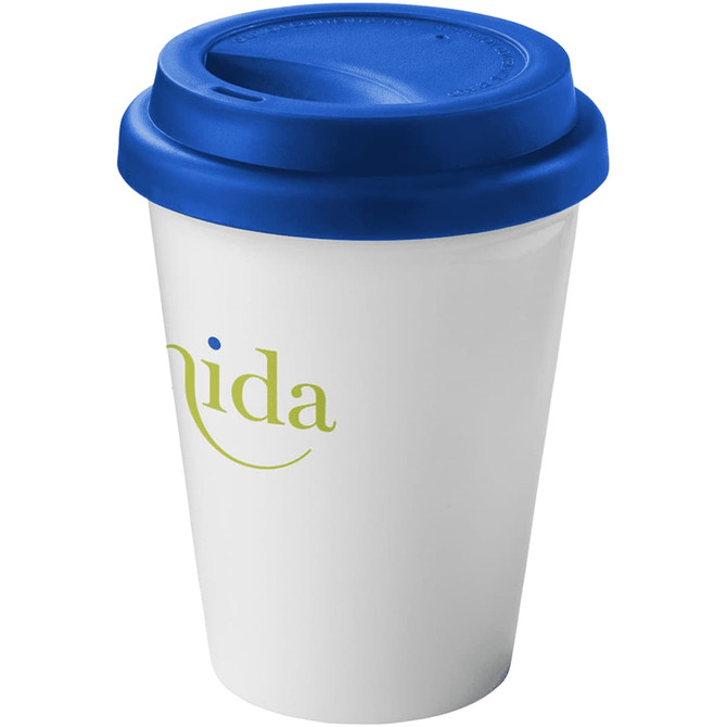 A drink bottle featuring a white body and a blue lid, designed as a 350ml antibacterial insulated tumbler with a logo.