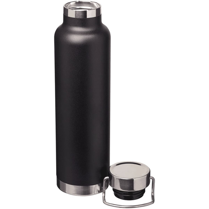 A drink bottle in matte black with a stainless steel cap and an attached handle. Features a logo on the side.