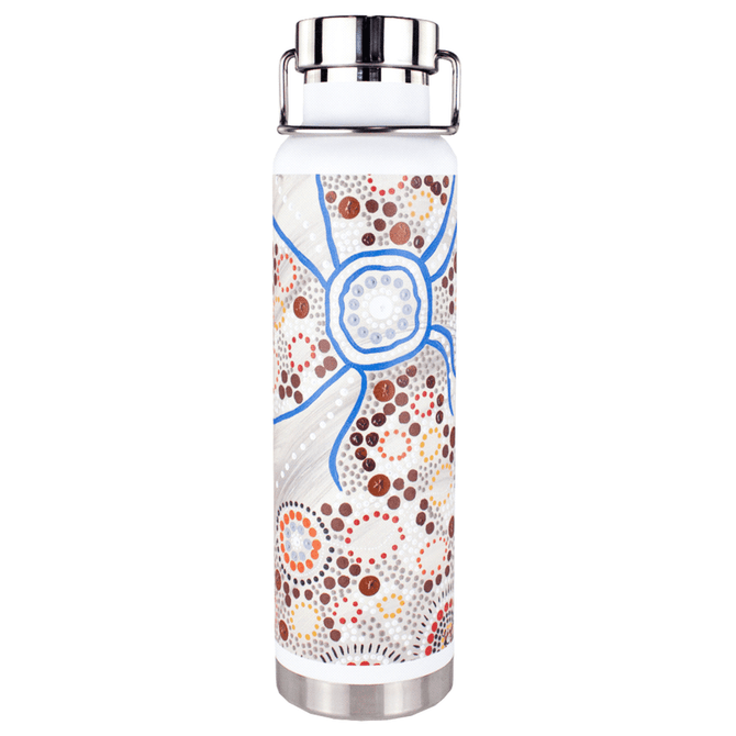 A drink bottle featuring a decorative pattern in white, blue, and earthy tones, with a stainless steel lid and base.