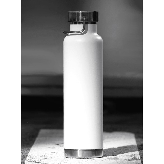 A drink bottle with a sleek white body and a silver base, featuring a black lid and a logo.