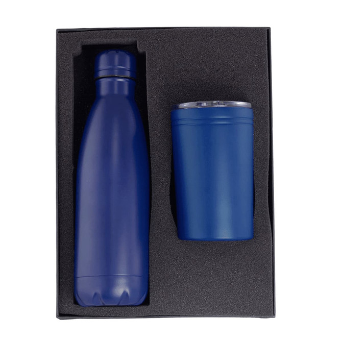 A blue drink bottle and tumbler set, both nestled in black foam packaging inside a box.