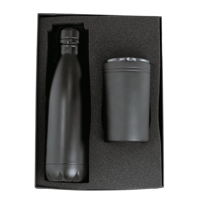A drink bottle and tumbler gift set in black, presented in a protective box with foam padding.