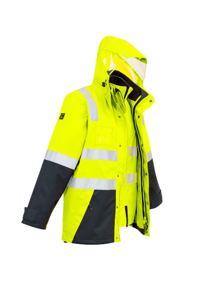 A hi-vis waterproof jacket in bright yellow and grey, featuring reflective stripes and a detachable hood.