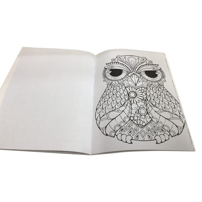 A5 colouring book featuring intricate black and white owl design on a blank page, showcasing detailed patterns. A5 colouring book featuring intricate black and white owl design on a blank page, showcasing detailed patterns.