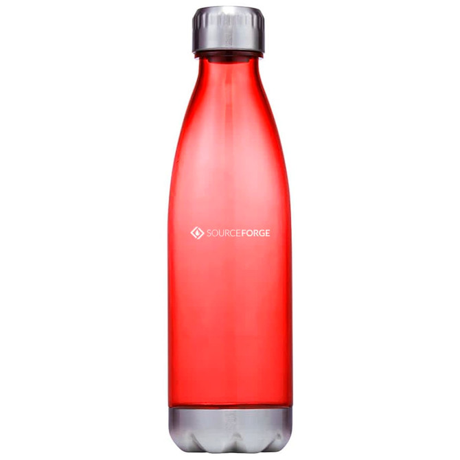 A drink bottle with a sleek red plastic body and a silver cap, featuring a logo on the side.