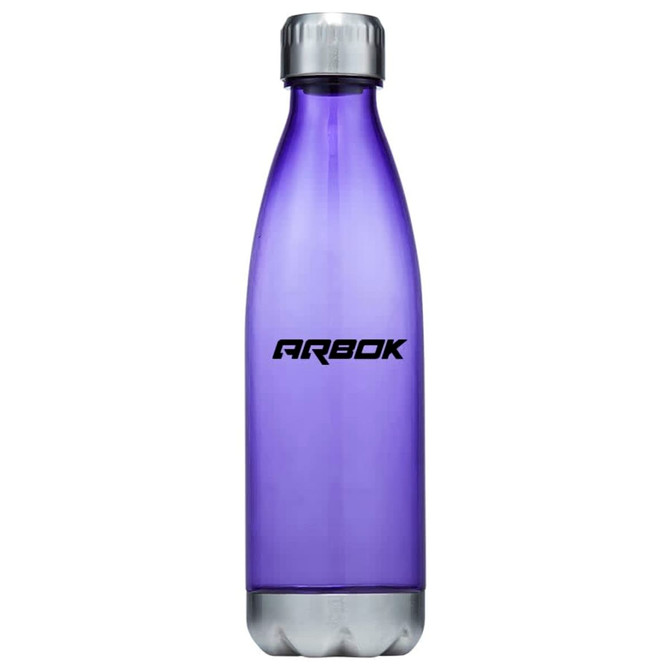 A drink bottle made of purple plastic, featuring a silver base and a logo.