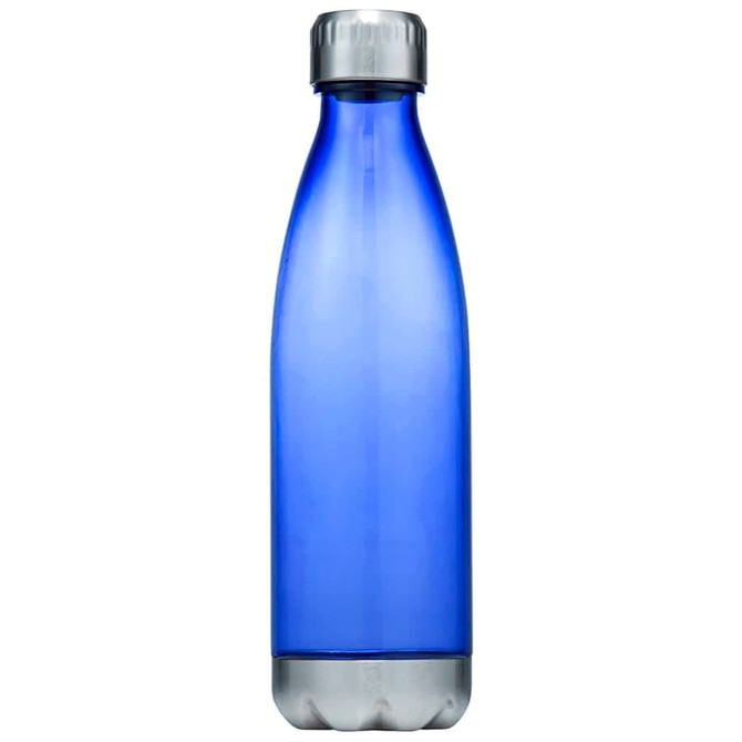 A drink bottle made of plastic, featuring a sleek design in a vibrant blue colour with a silver cap and branding.