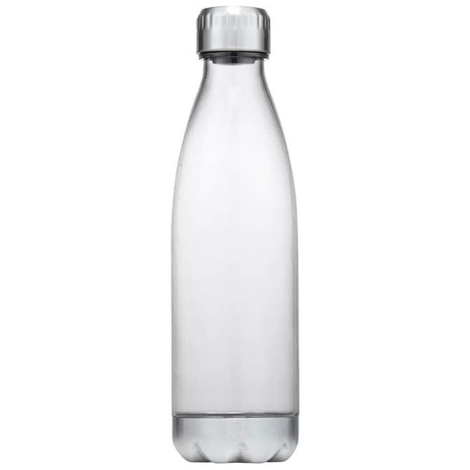 A drink bottle in clear plastic with a silver screw top, featuring a simple, streamlined design.