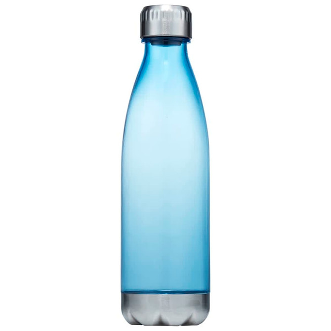A drink bottle in a translucent blue colour with a silver stainless steel lid and a logo on its side.