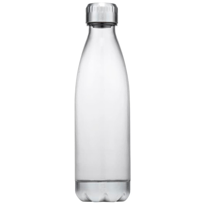 A drink bottle made of clear plastic with a silver cap, featuring a logo on the front.