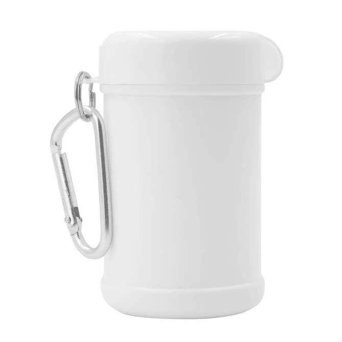 A white canister with a silver carabiner, designed for antibacterial wipes. Features a smooth, rounded design.