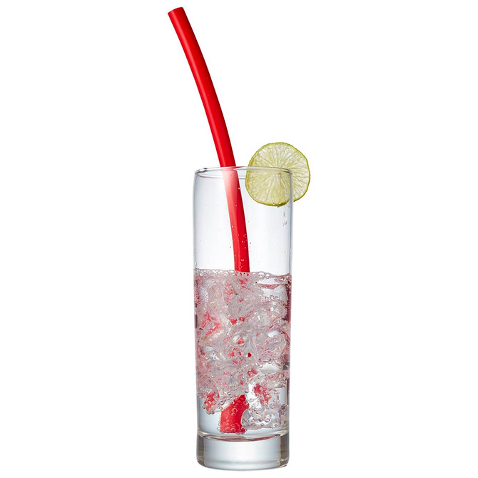 A drink bottle filled with ice and clear liquid, featuring a red reusable silicone straw and a lime slice garnish.