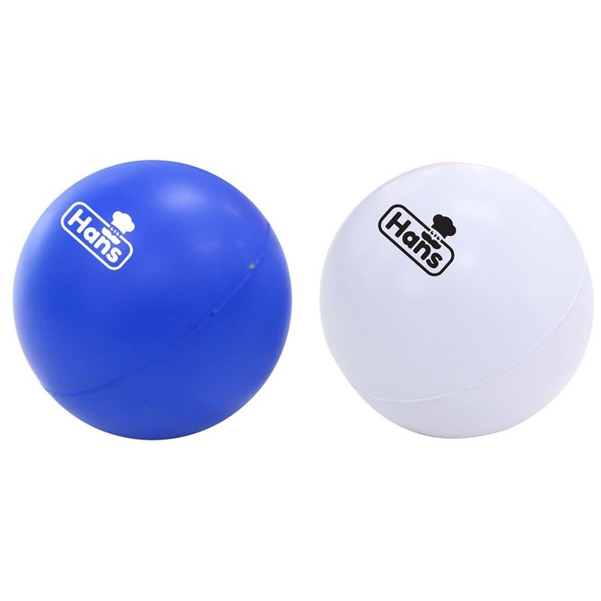A blue and a white massage ball featuring a logo. Smooth surface and round shape, ideal for stress relief.