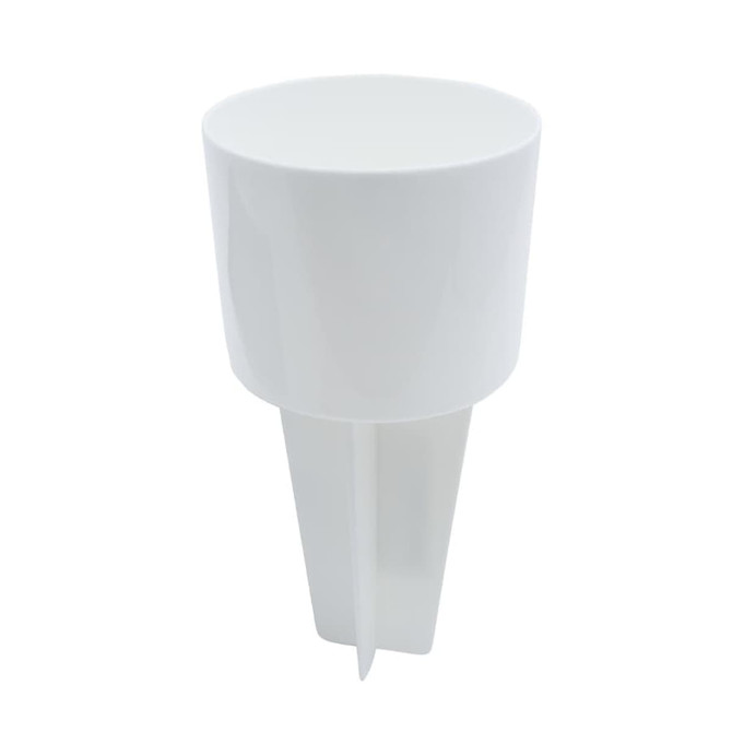 A white sand spike with a tapered base and a wide, circular top, featuring a logo.