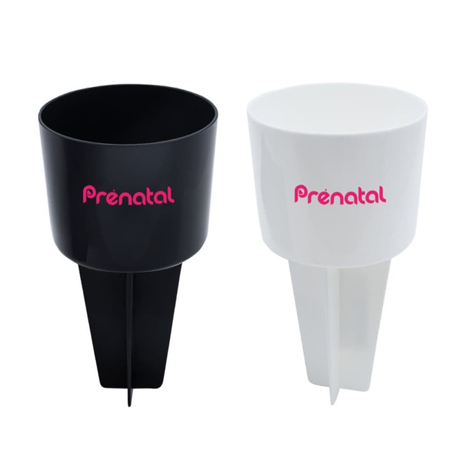 Two drink bottles in black and white, each with a logo on the front and a pointed base.