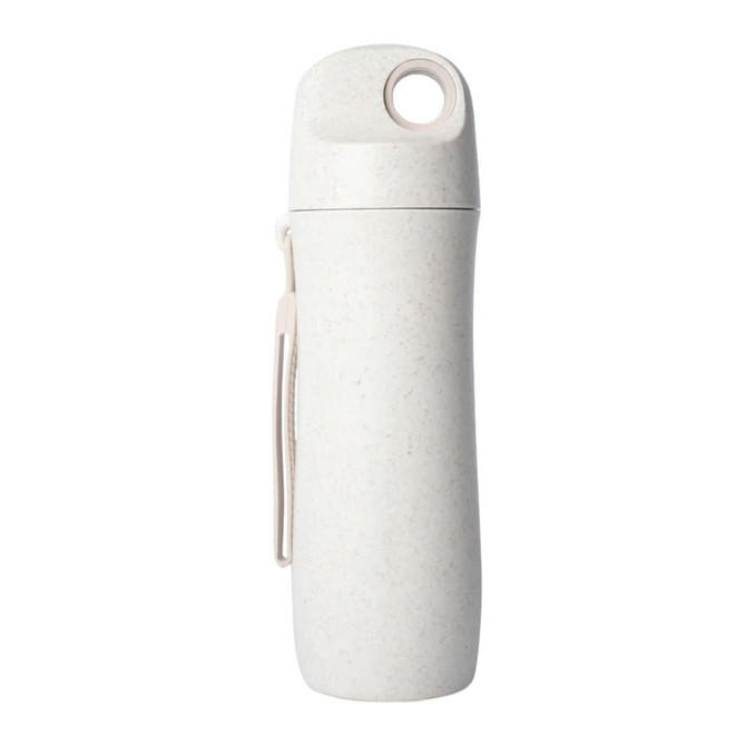 A drink bottle in a light grey, made from wheat straw, featuring a simple design and a carry strap.