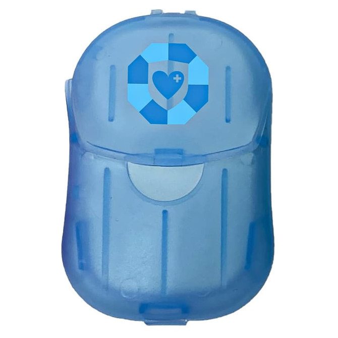 A blue plastic container with a logo on top, featuring a rounded shape and a clasp closure.