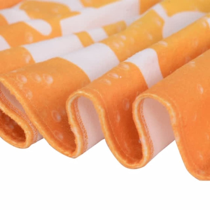 An orange and white patterned face washer with a soft, textured edge, featuring a wavy fold. It has a branding logo. An orange and white patterned face washer with a soft, textured edge, featuring a wavy fold. It has a branding logo.