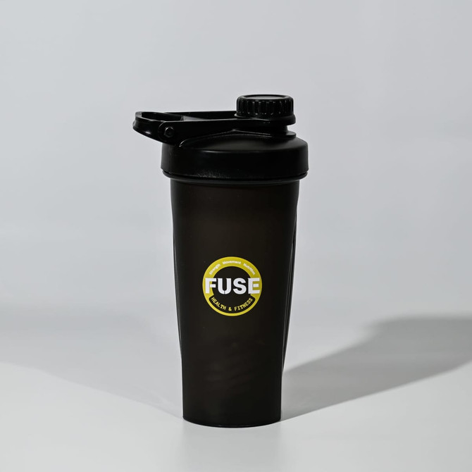 A drink bottle featuring a black opaque design and a secure lid, with a logo present on the side.
