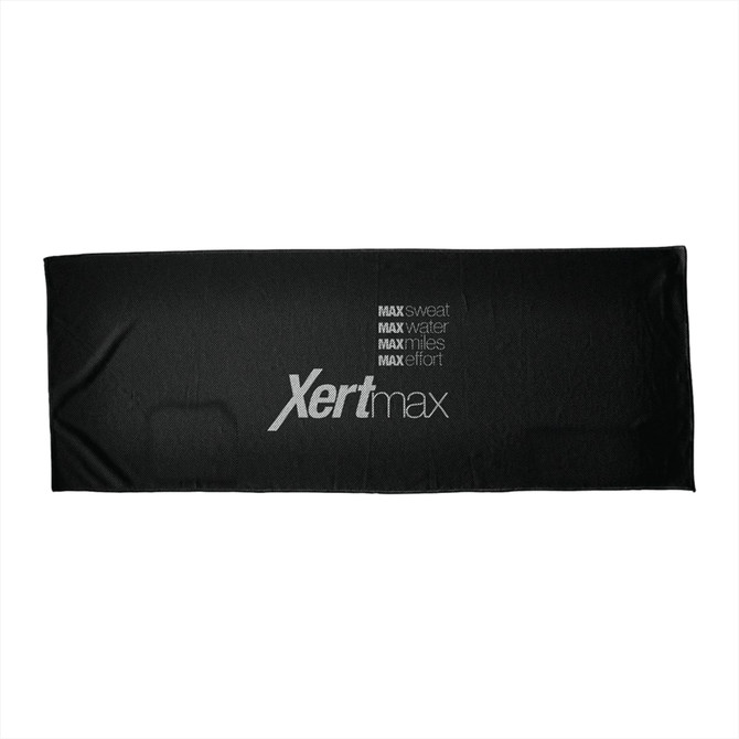 A black fitness towel with a logo and text. Its smooth texture is suitable for cooling activities.