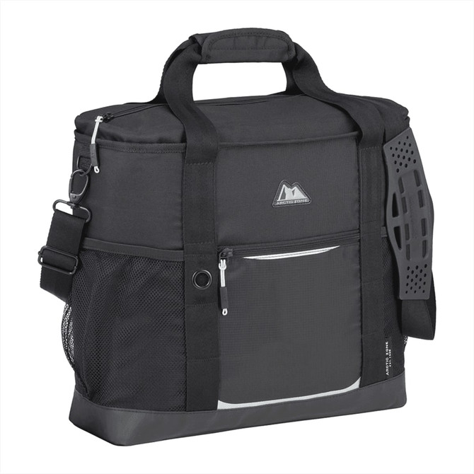 A black cooler bag with carrying handles, adjustable shoulder strap, and mesh side pockets. It has a logo.