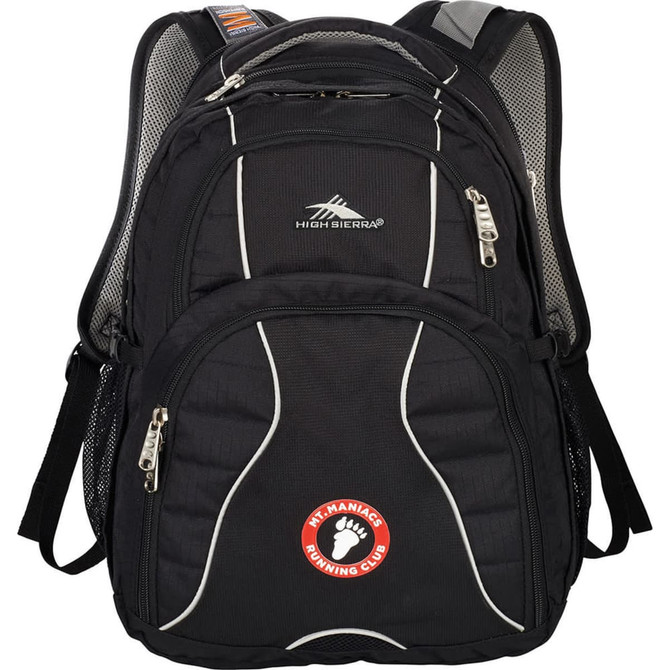 A black High Sierra Swerve 17" 34L backpack with multiple compartments and mesh side pockets, featuring a logo.